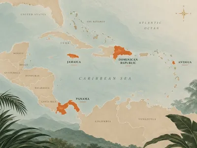 Map of the Caribbean highlighting Jamaica, the Dominican Republic, Antigua, and Panama